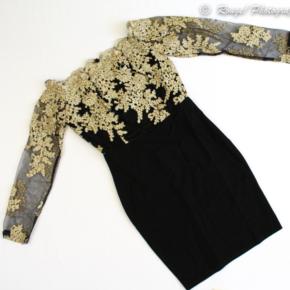 Gold Embroidered Mesh Bodice Black Bodycon Dress - Picture 6 of 8